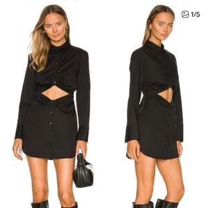 L'Academie Black Stomach Cut-Out Long Sleeve Button-Up Dress Large